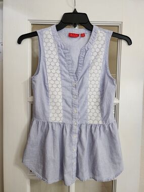 ELLE Blue White Stripe Lace Peplum Tank Top Cotton Button Front XS